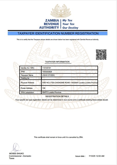 Zambia taxpayer identification number registration Word and PDF template